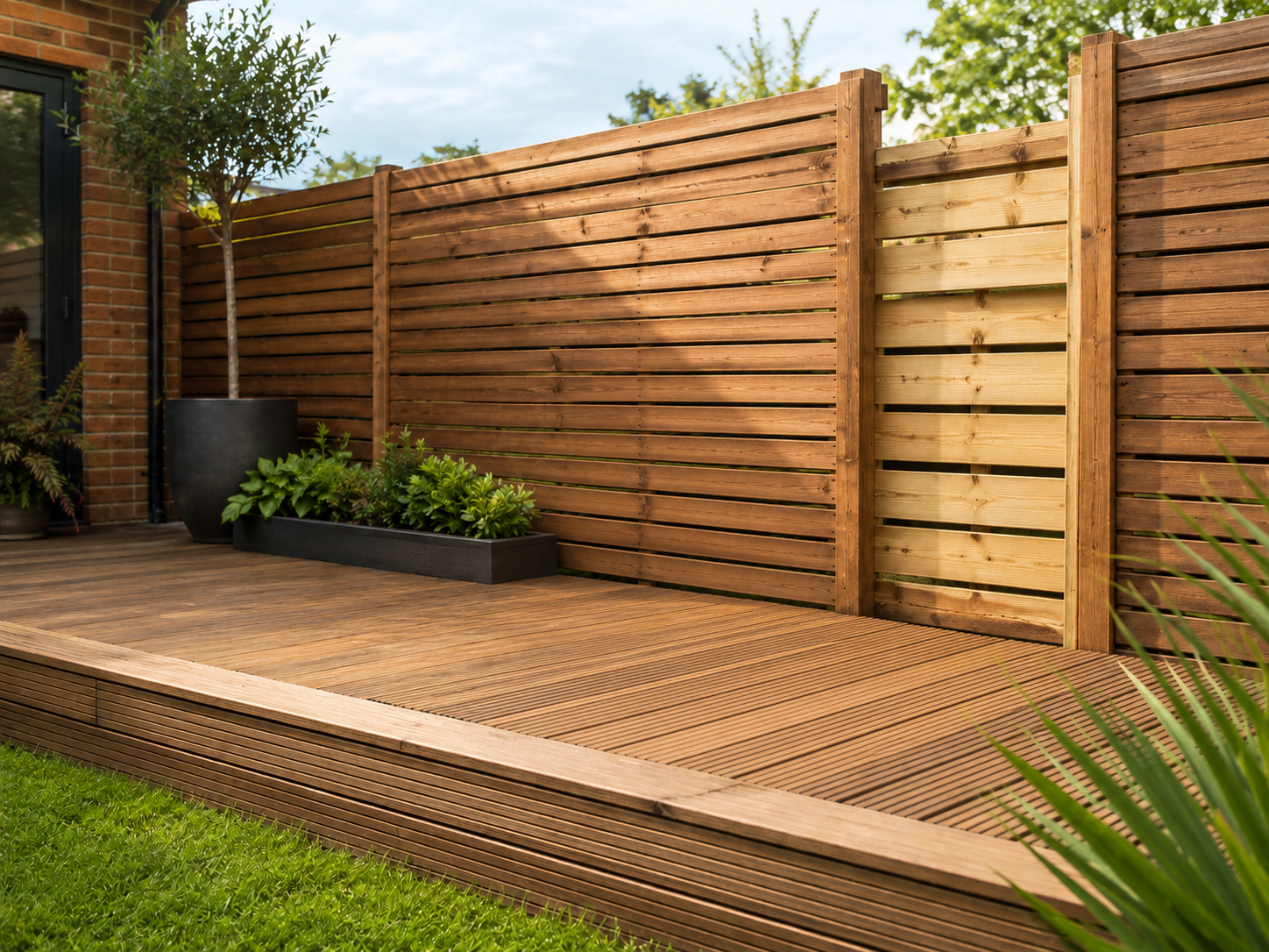 Repaired timber fence panel beside a raised garden deck
