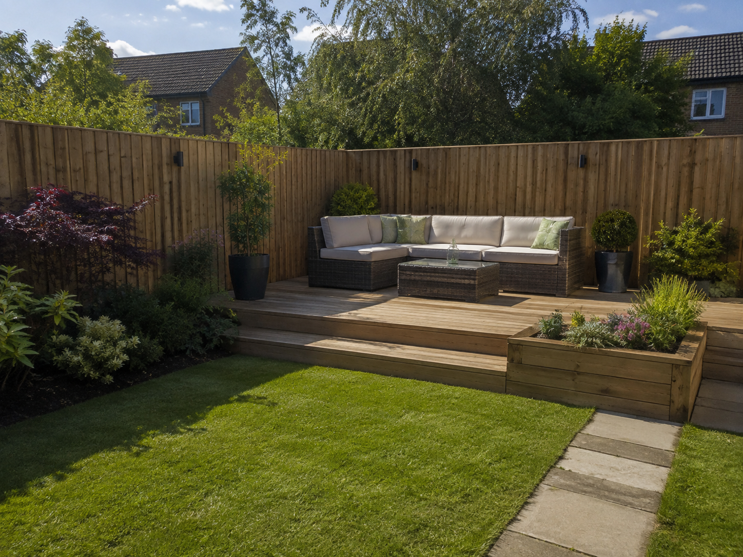 Timber decking with steps down to a lawn, bordered by fencing and a raised planter