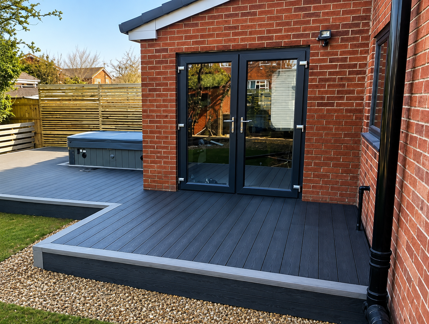 Dark grey composite decking installed against a house with bifold doors