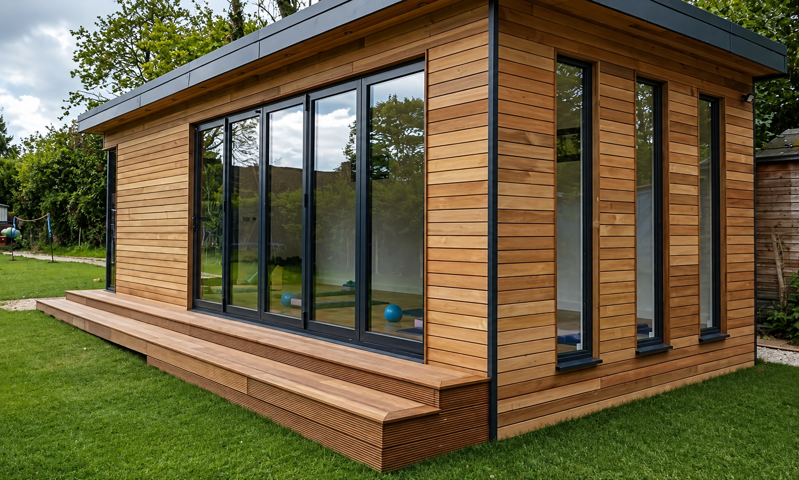 Cedar-clad garden room with hardwood decking, completed by Parkwood Fencing & Decking