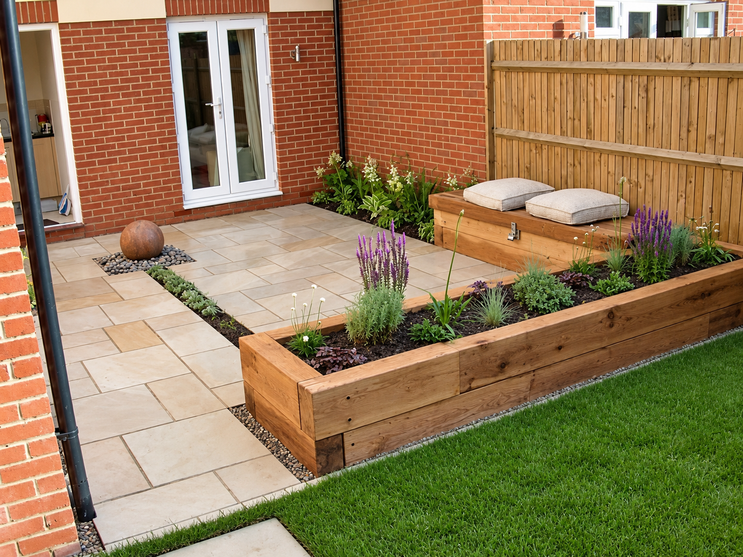 Patio with raised timber sleeper flower beds