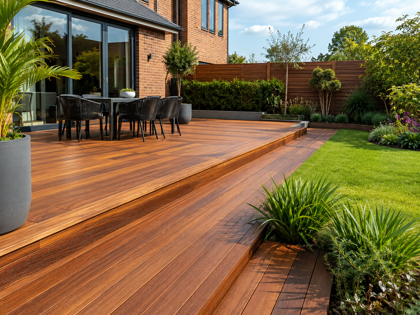 Hardwood decking beside a modern brick home and landscaped garden