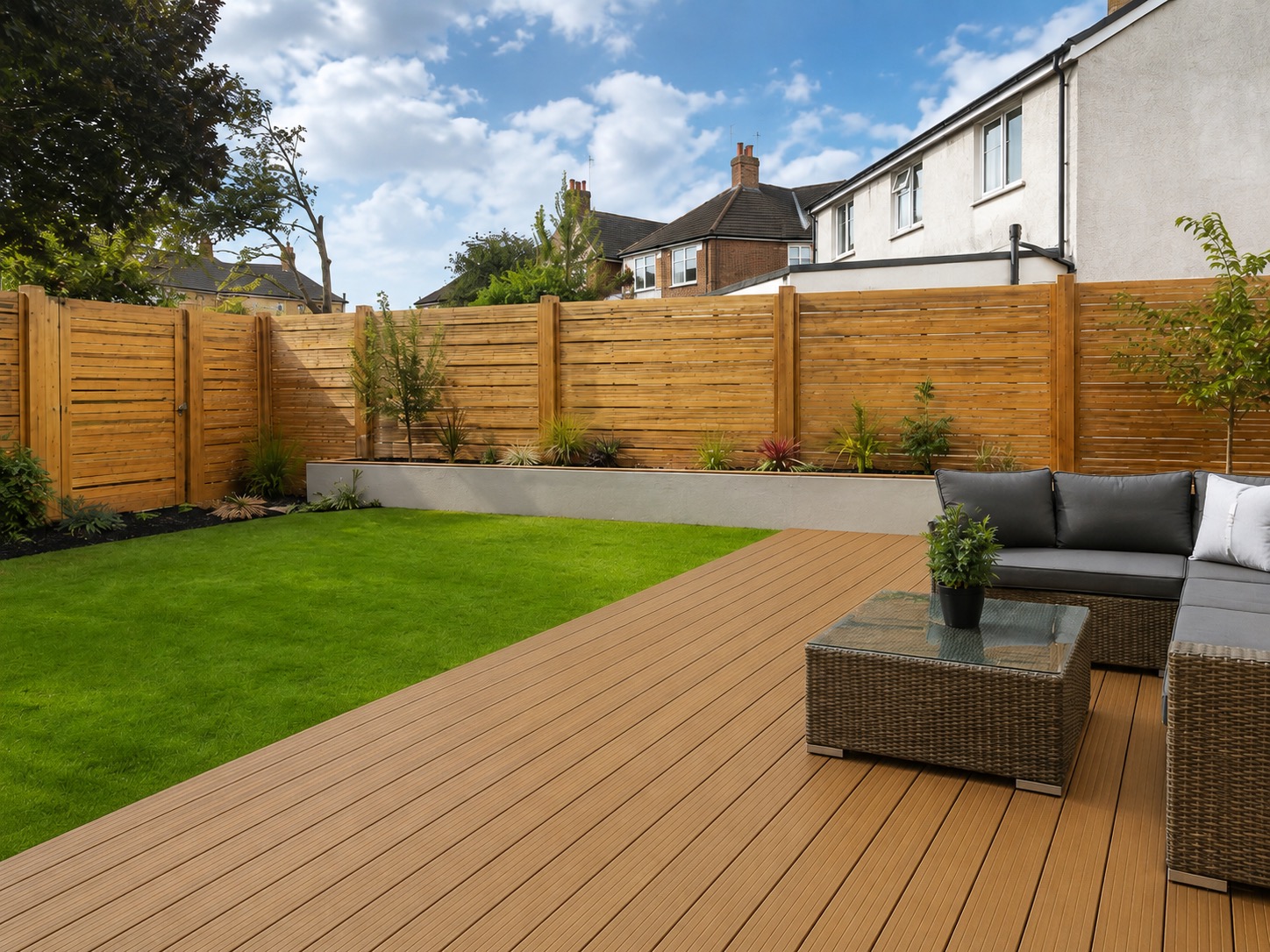 Composite decking with slatted timber fencing, raised planted border and lawn, completed by Parkwood Fencing & Decking