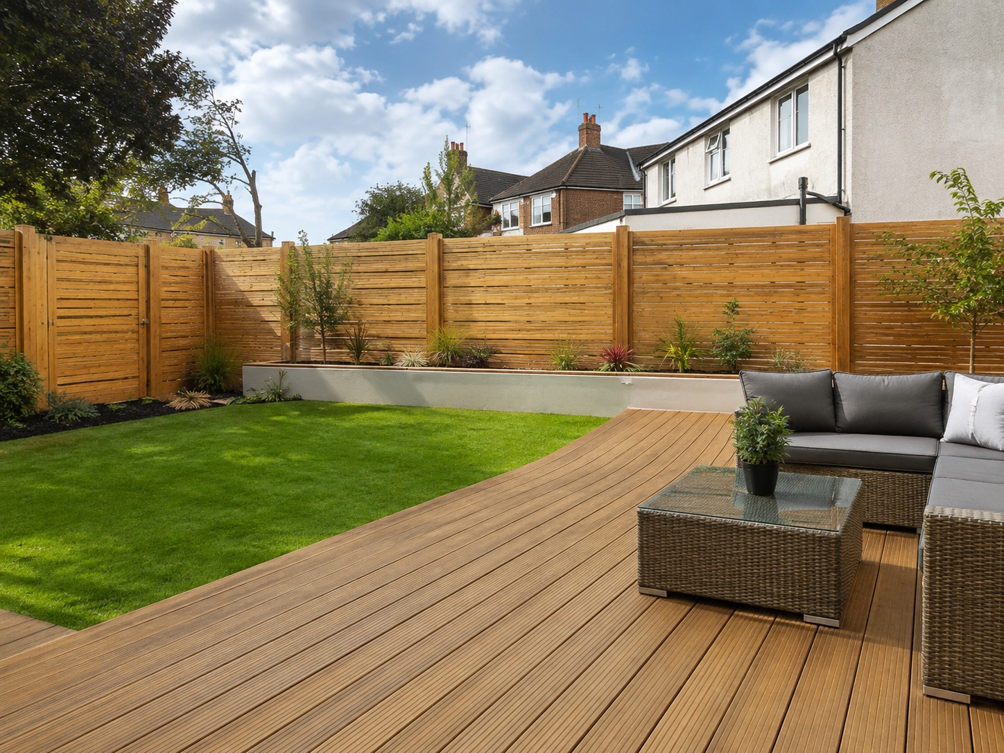 Timber decking bordering a lawn with slatted fencing