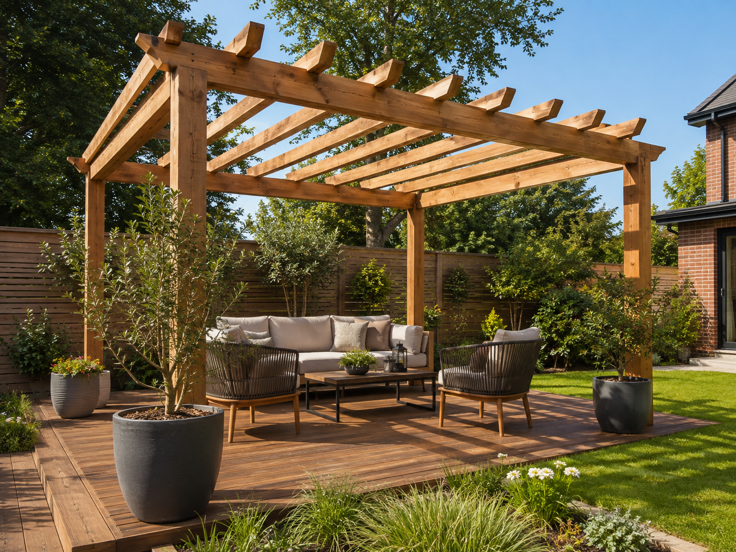 Large timber pergola over a furnished garden deck