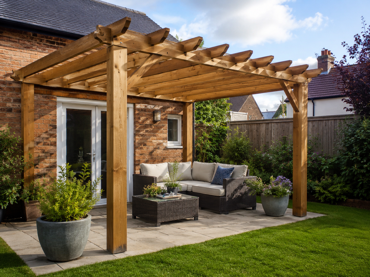 Timber pergola attached to a brick house over a paved seating area, completed by Parkwood Fencing & Decking