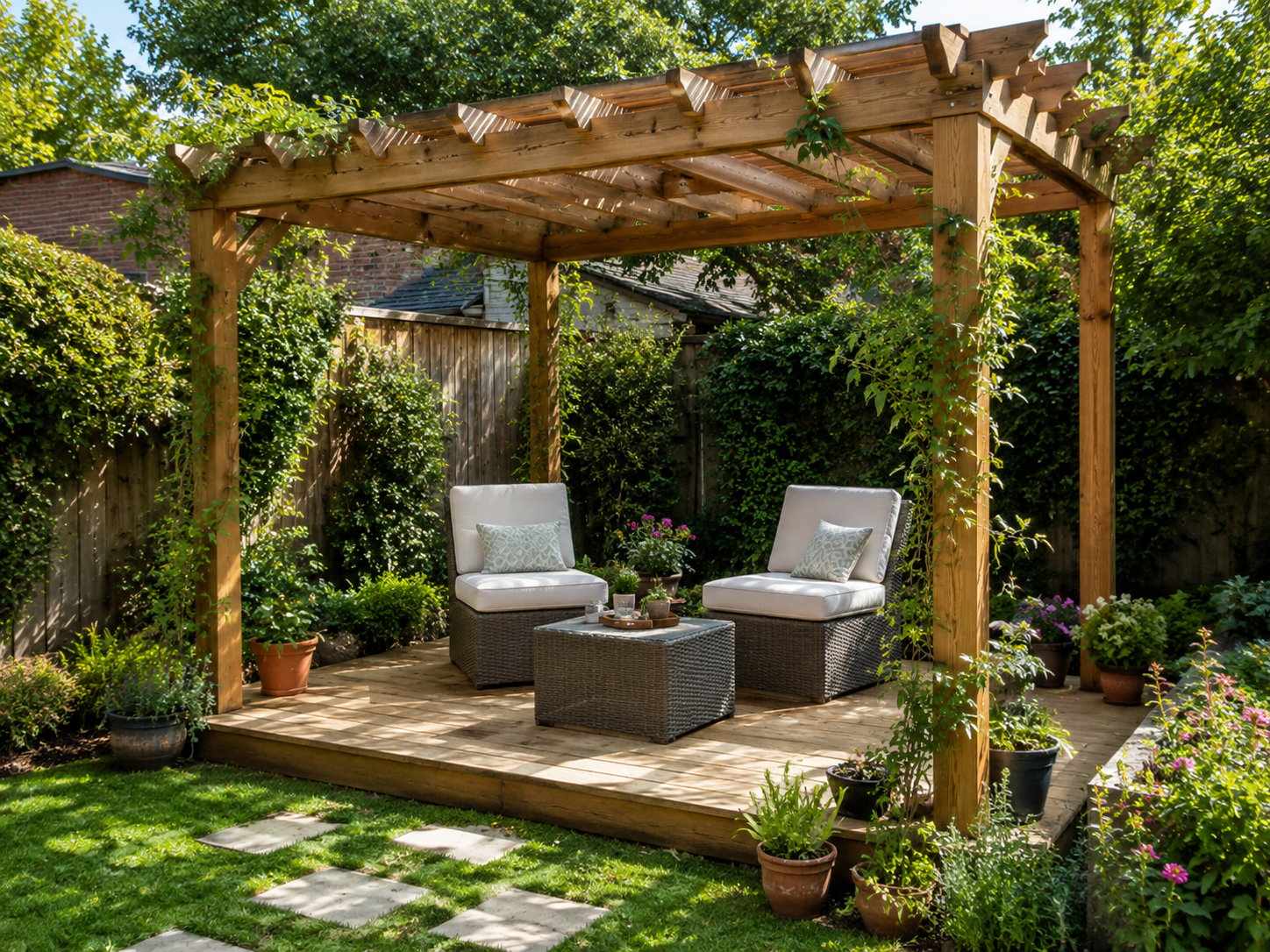 Timber pergola with climbing plants over a garden deck, completed by Parkwood Fencing & Decking