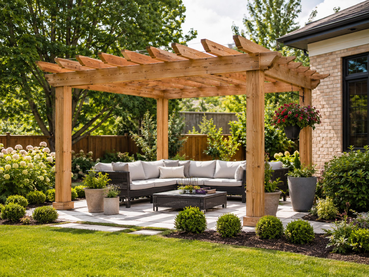 Freestanding timber pergola over a furnished garden patio